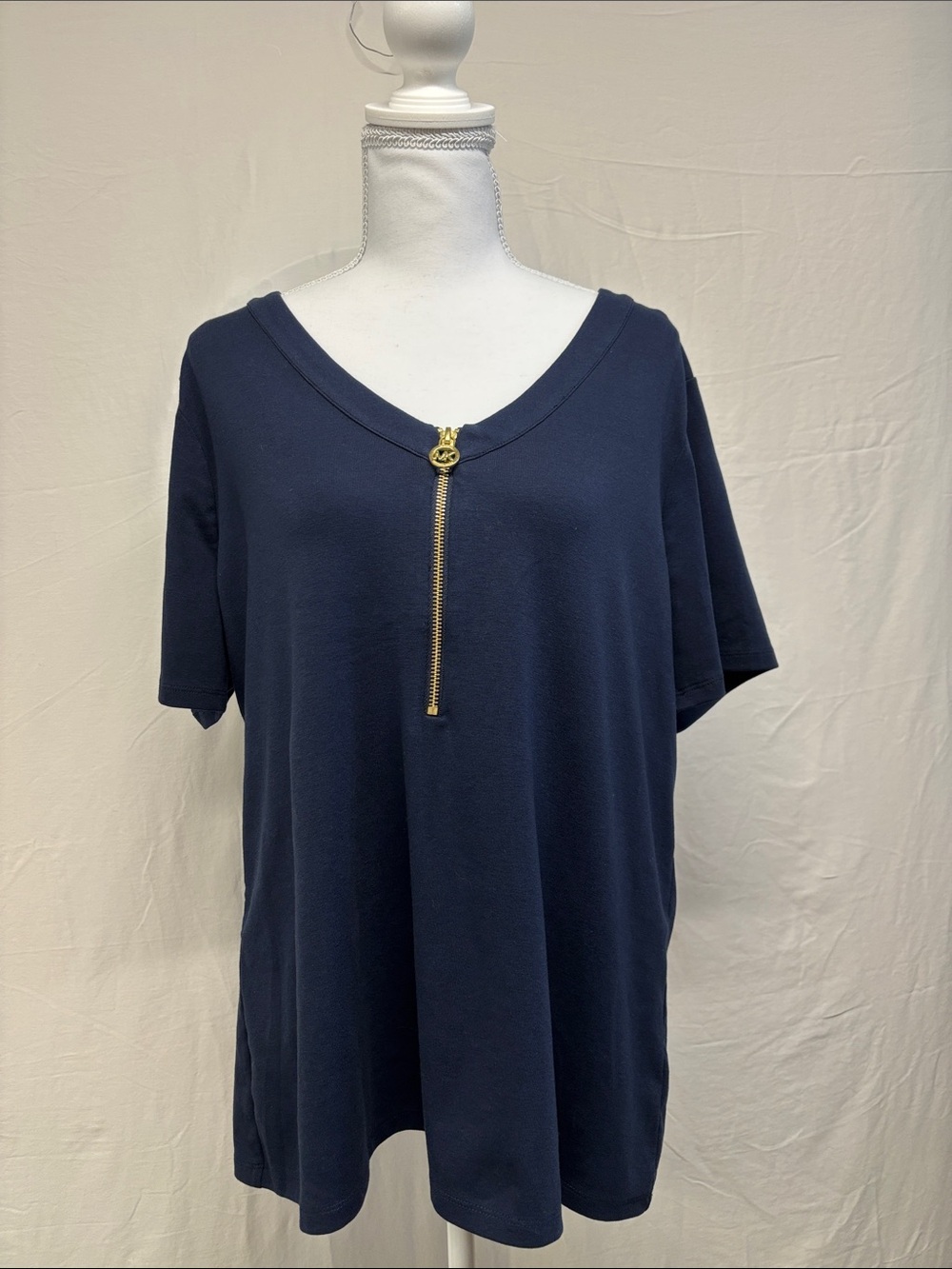 MICHAEL Michael Kors Navy Short-Sleeve V-Neck Top with Gold Zip Pull